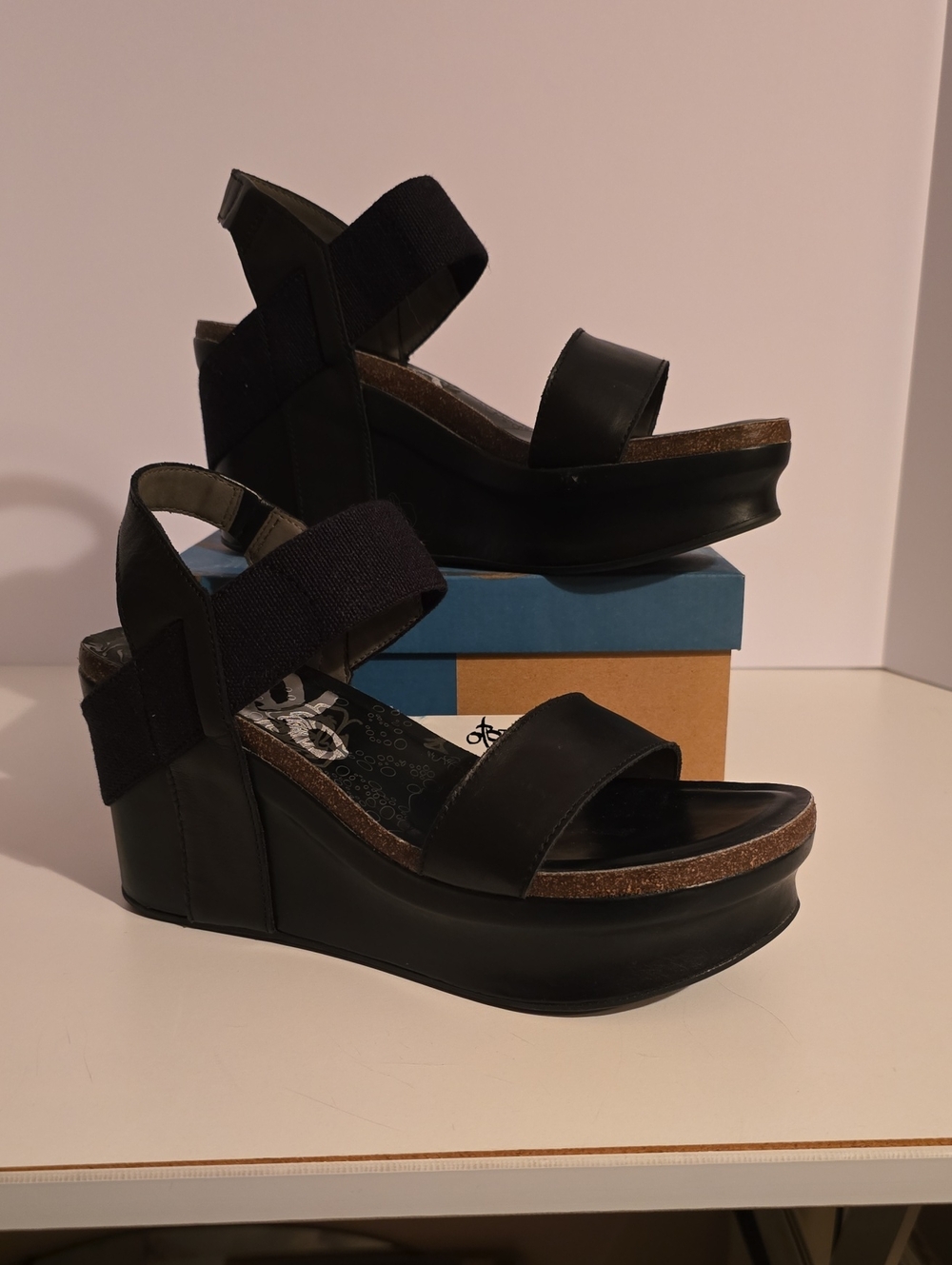 Women's Black Platform Wedge Sandals with Elastic Ankle Strap By Otbt Size 10